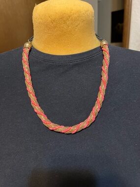 Gold-Tone and Orange Beads Braided Rope Necklace - Women Jewelry